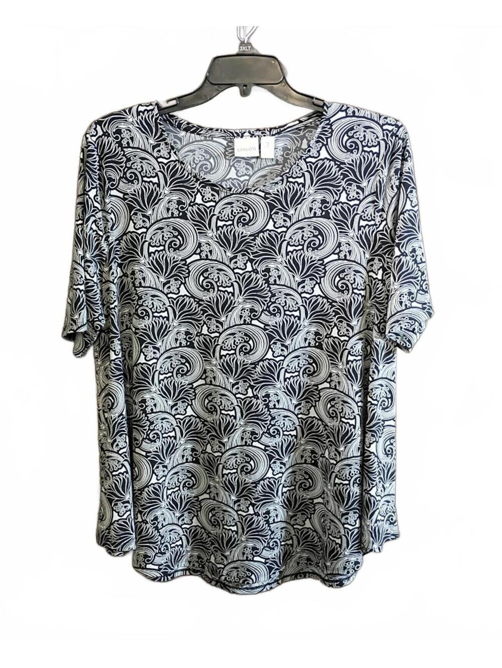 Chico's Black and White Patterned Short Sleeve Top Size 3